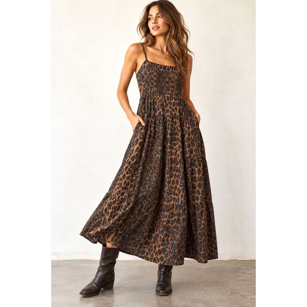 Damson Madder Persephone Leopard Print Midi Dress Organic Cotton Smocked Bow 10